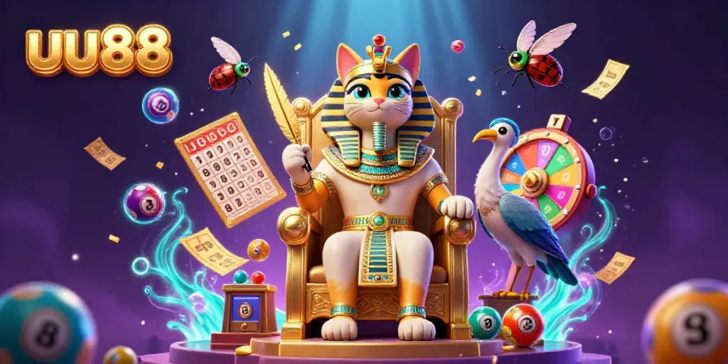 Experience the excitement of uu88 with an illustration featuring a pharaoh cat amid colorful gaming elements.