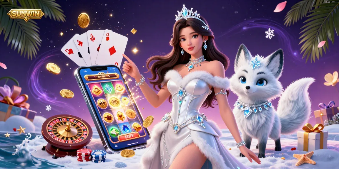 Experience the excitement of SUNWIN as the captivating ice queen surrounded by vibrant casino elements.