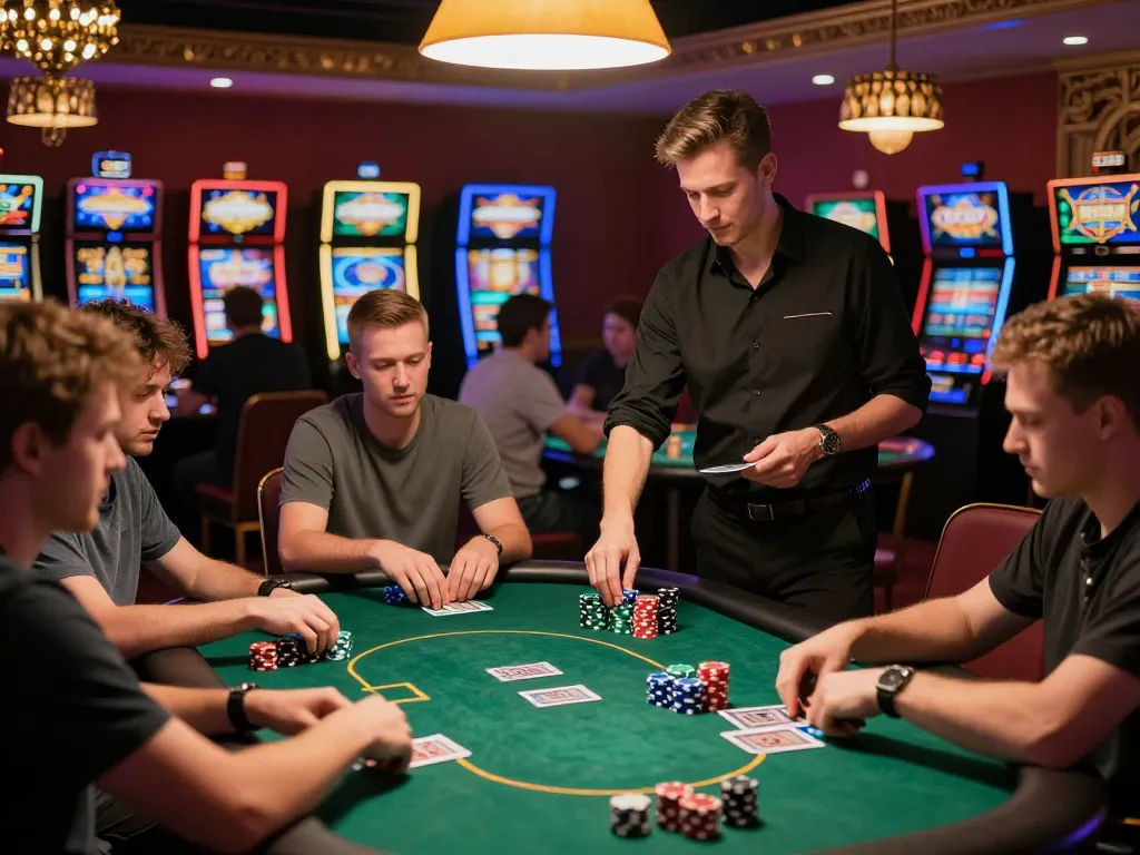 Players at sumclub engage intensely in a high-stakes poker game displaying chips and cards.