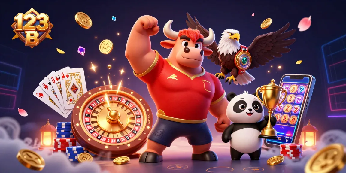 Spin and win at 123 B with a 3D cartoon bull, eagle, and panda celebrating casino triumphs.