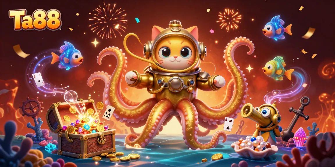 Experience Ta88 with a vibrant scene featuring a kraken, diving cat, and treasure-filled ocean