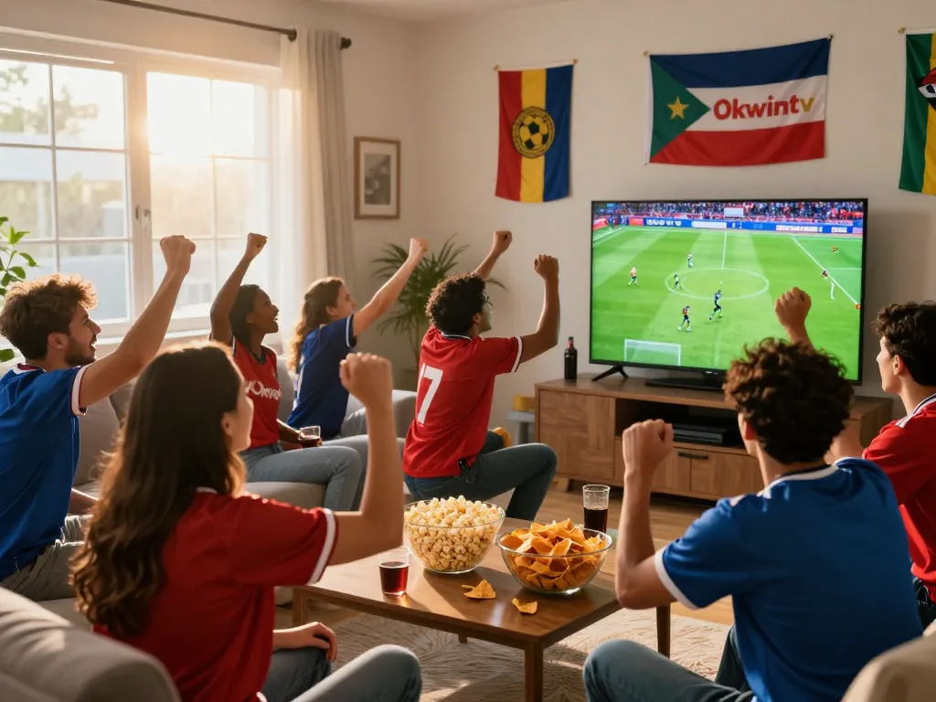 Friends enjoying a live football match via Okwintv in a vibrant living room, showing excitement and celebration.