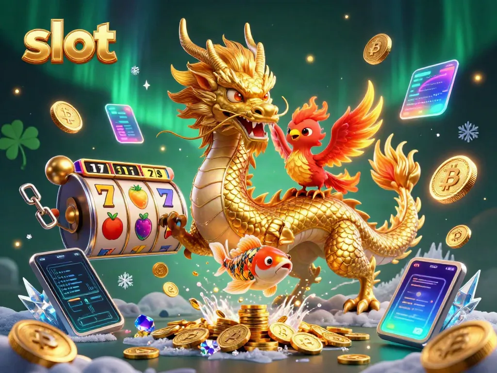 Menangkan permainan slot dengan serangkaian simbol keberuntungan dan karakter menarik dalam ilustrasi 3D.