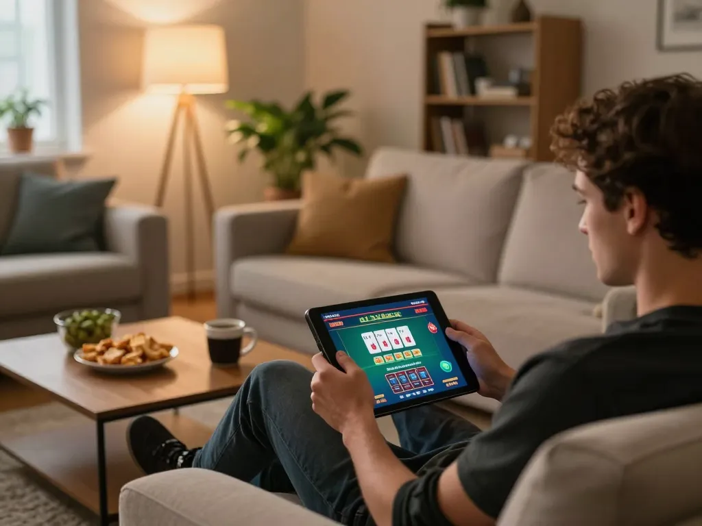 Kwin user engaging in a live dealer game on a tablet in a cozy home setting with snacks