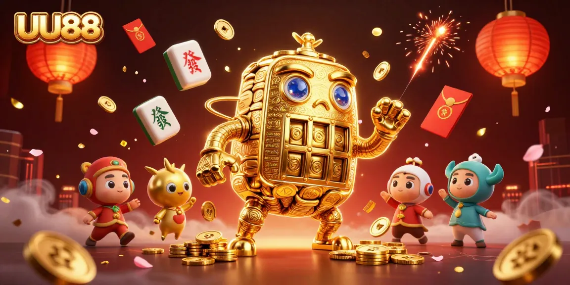 Experience the thrill of UU88 with a vibrant 3D casino-themed illustration showcasing a golden golem surrounded by lively game elements.