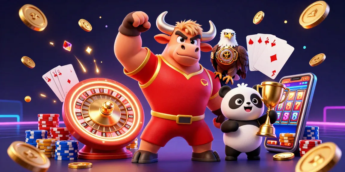 eviz casino illustration featuring a bull mascot, eagle, and panda surrounded by coins and cards.