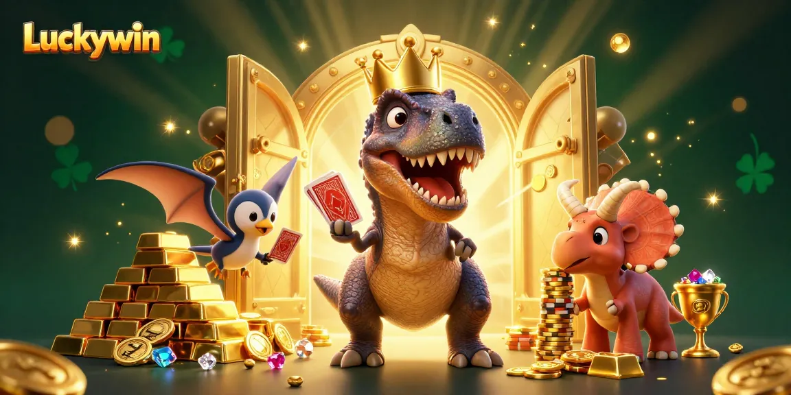 Luckywin's T-Rex shuffles cards while colorful casino elements create a vibrant atmosphere.