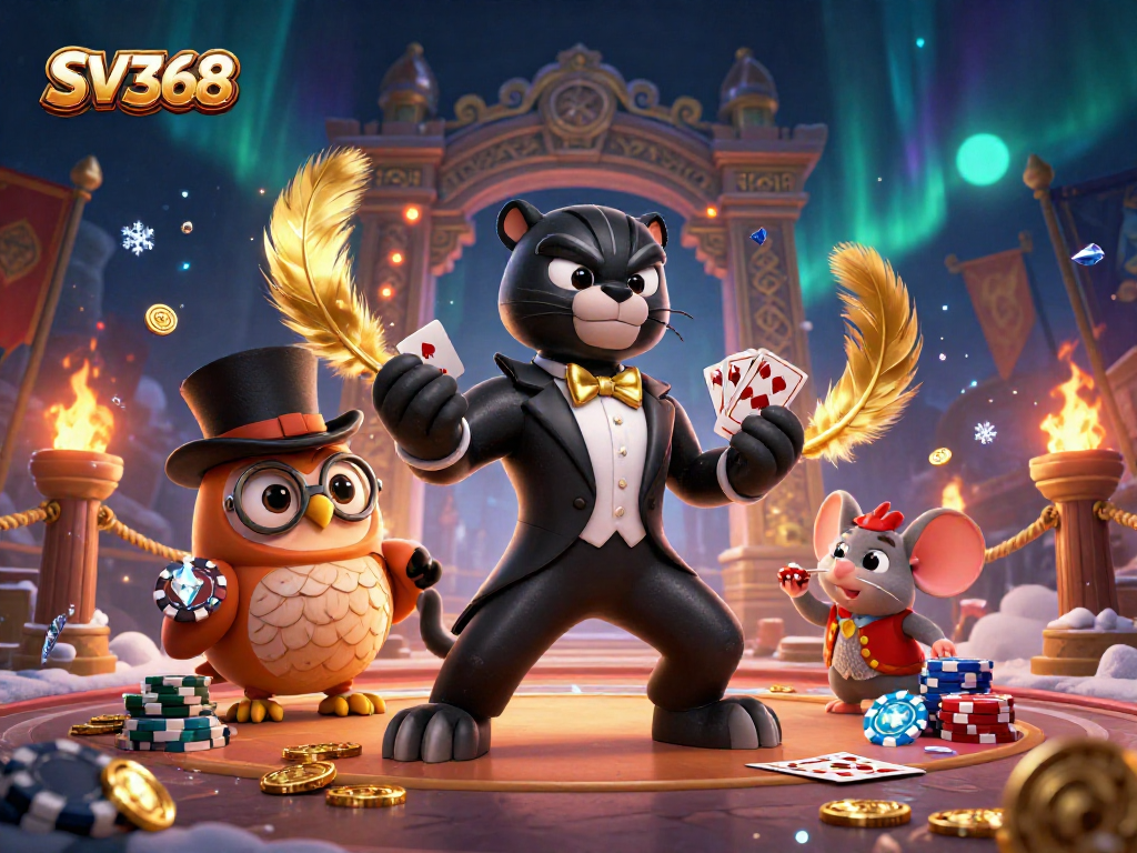 Engage in exciting gameplay with SV368 depicted in a dynamic 3D casino illustration featuring whimsical characters.