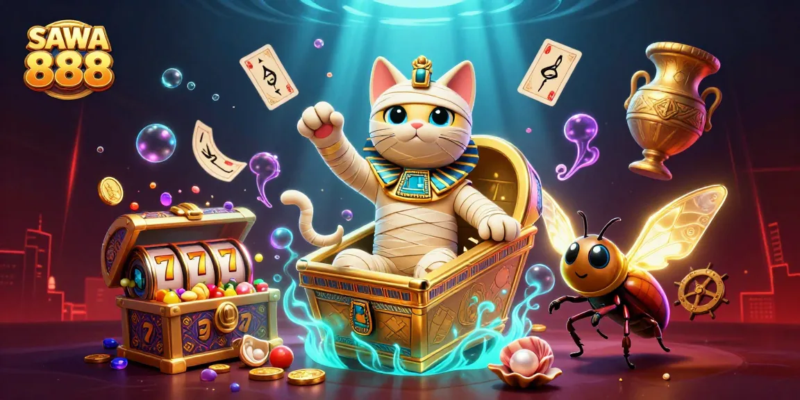 Experience thrilling slots gameplay with SAWA 888 as Egyptian mummy cat and glowing scarab beetle emerge in a vibrant casino setting.