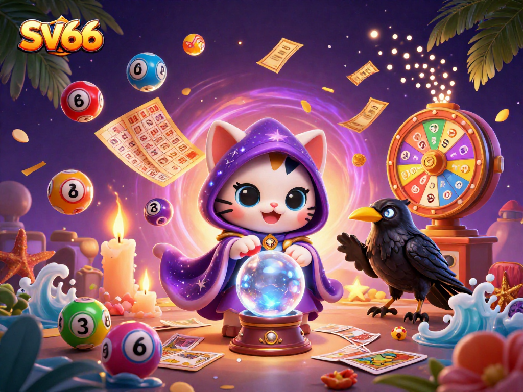 Experience the excitement of SV66 with a mystical fortune teller, tarot raven, and vibrant lottery elements.