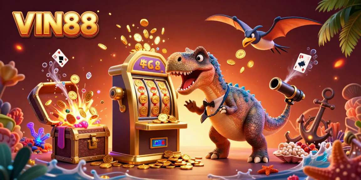 Engage with the thrilling world of VIN88 as a pachycephalosaurus interacts with a golden slot machine, celebrating wins amidst animated casino elements.