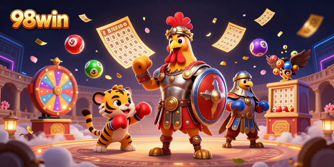 Engage in epic gaming at 98win with a glitzy scene of a gladiator rooster and vibrant lottery balls.
