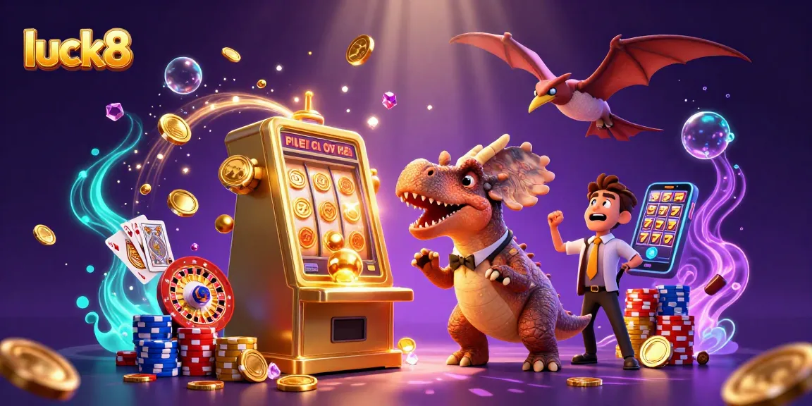 Experience luck8's thrilling jackpot with a pachycephalosaurus winning golden coins from a slot machine.