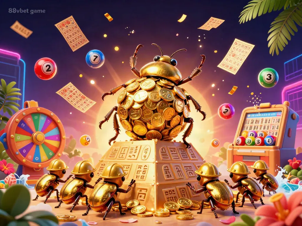 Engage in the fun atmosphere of 88vbet game with a vibrant 3D casino illustration featuring golden beetles and dynamic game elements.