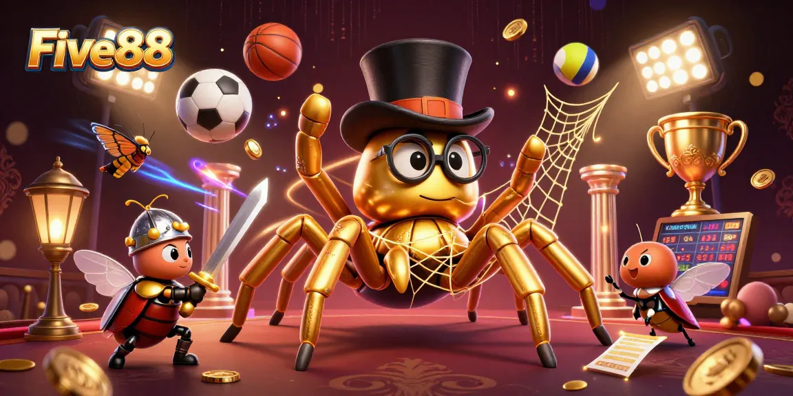 Experience engaging games like Five88 with fun, colorful 3D illustration of a golden tarantula and beetle knight.