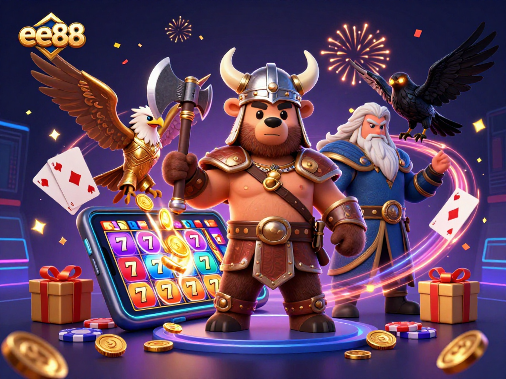 Win big with ee88: Viking characters celebrating around a vibrant smartphone slot game scene.