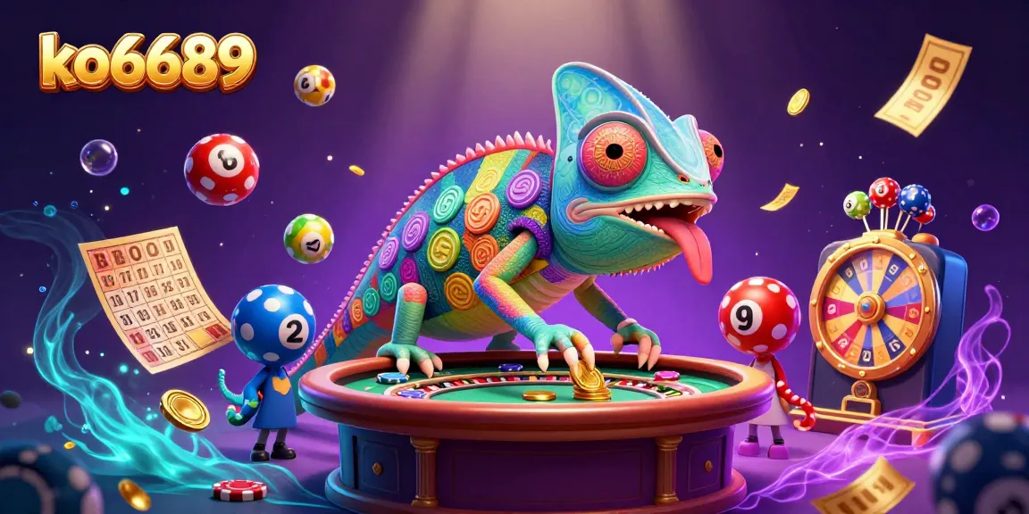 Engage with ko6689 in thrilling casino adventures, featuring a chameleon casino owner surrounded by vibrant games.