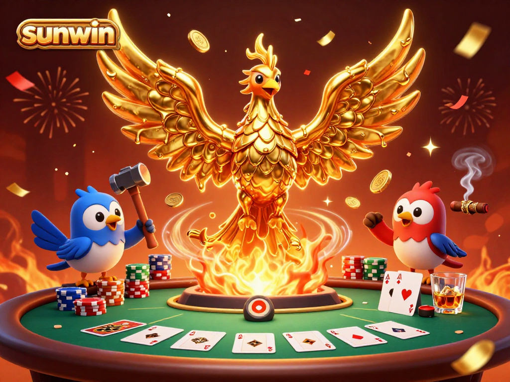 Win big with sunwin at an action-packed casino scene featuring a golden phoenix.