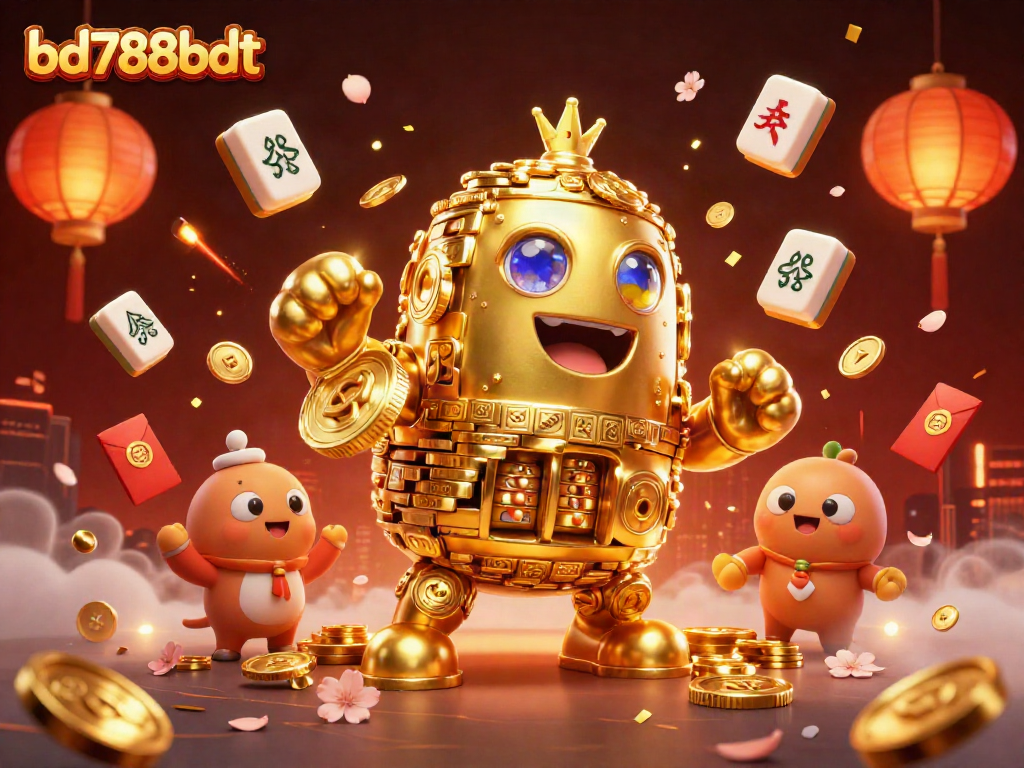 Experience the excitement of bd788bdt with a 3D golden golem surrounded by festive casino elements.