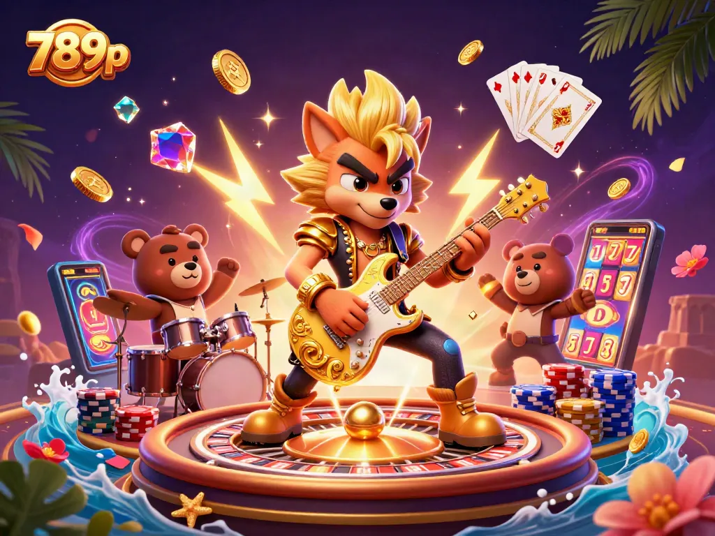 Cascade into excitement with 789p's golden coins and gems at a lively casino stage