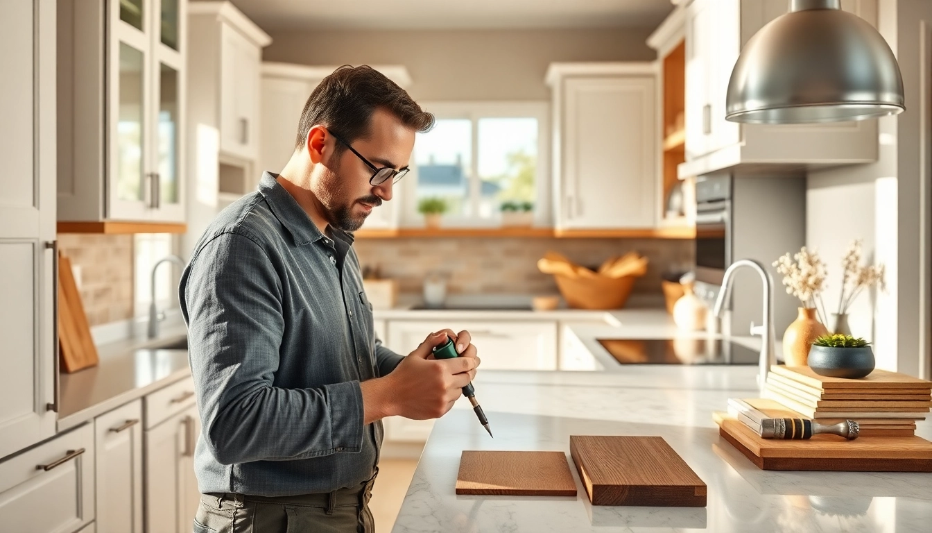Craftsman showcasing cabinet refacing Clearwater FL in a bright, modern kitchen.