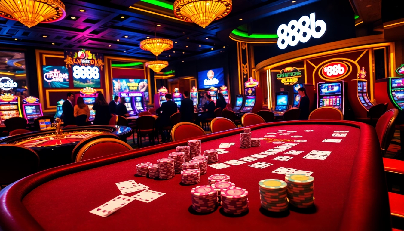 Experience the thrill of winning at 888b poker table surrounded by vibrant casino elements.