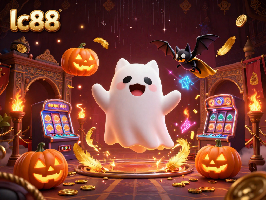 Spin and win at lc88 with a ghost cat in a haunted casino, surrounded by glowing jack-o-lanterns.