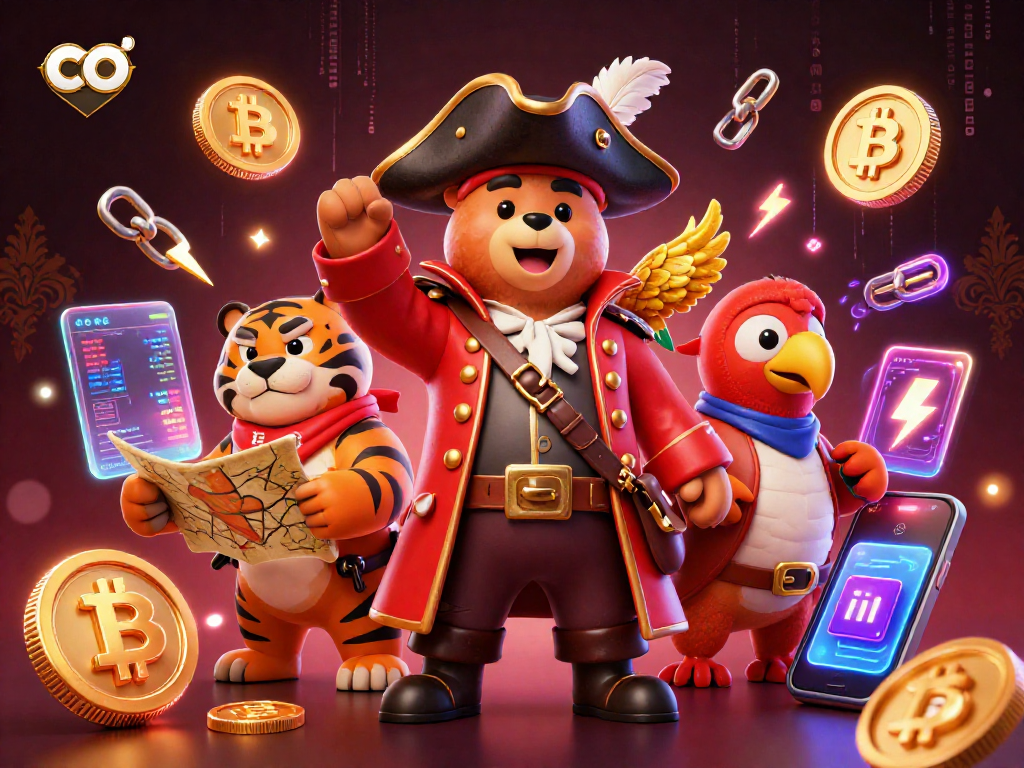 Engage with co's vibrant 3D cartoon scene featuring a pirate bear, tiger, and a parrot amidst dynamic crypto elements.