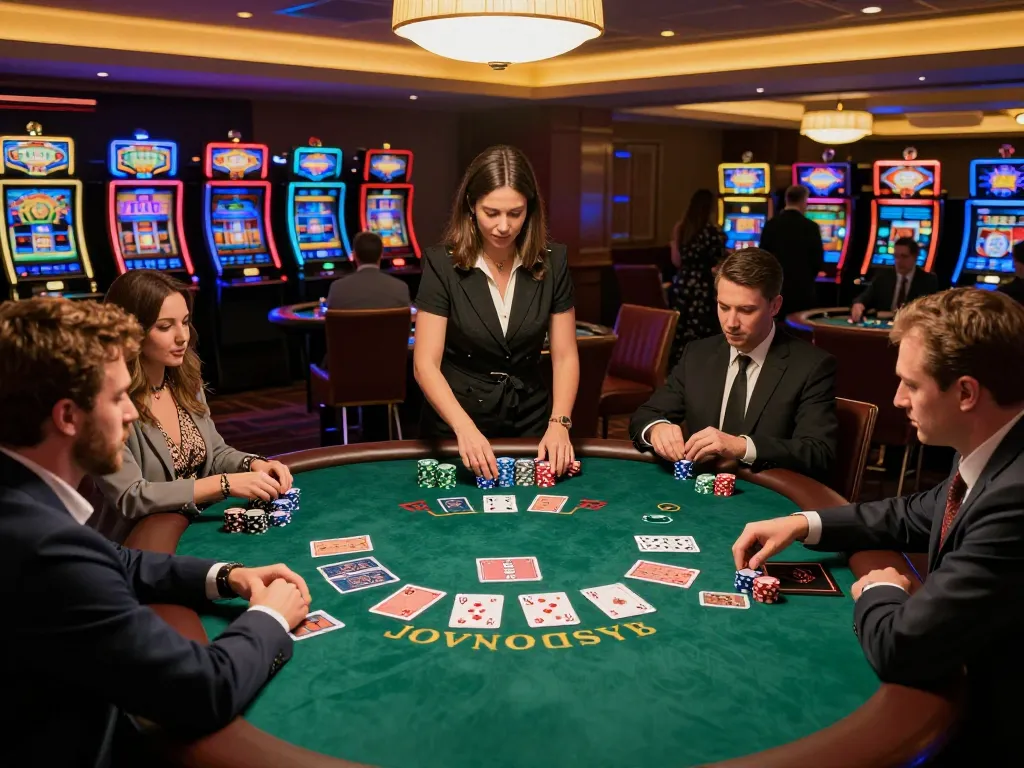 NET88 players strategizing at a Blackjack table in a lively casino environment, showcasing vibrant gameplay.