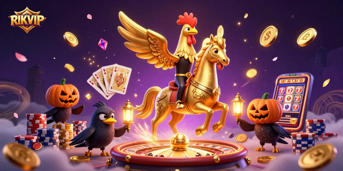 Experience RIKVIP's thrilling casino adventure with a golden rooster and shimmering tokens.