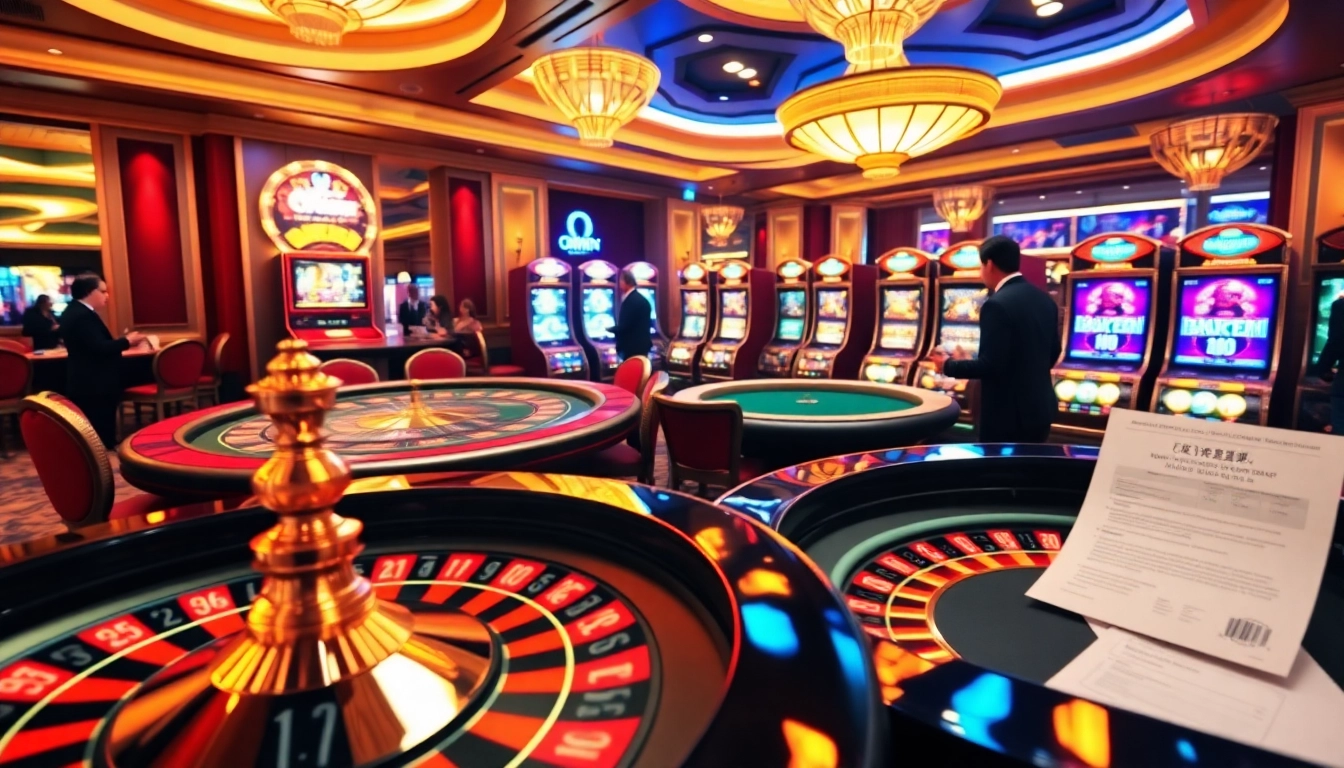 Experience the thrill of OKWIN gaming with players engaged at casino tables and a roulette wheel.