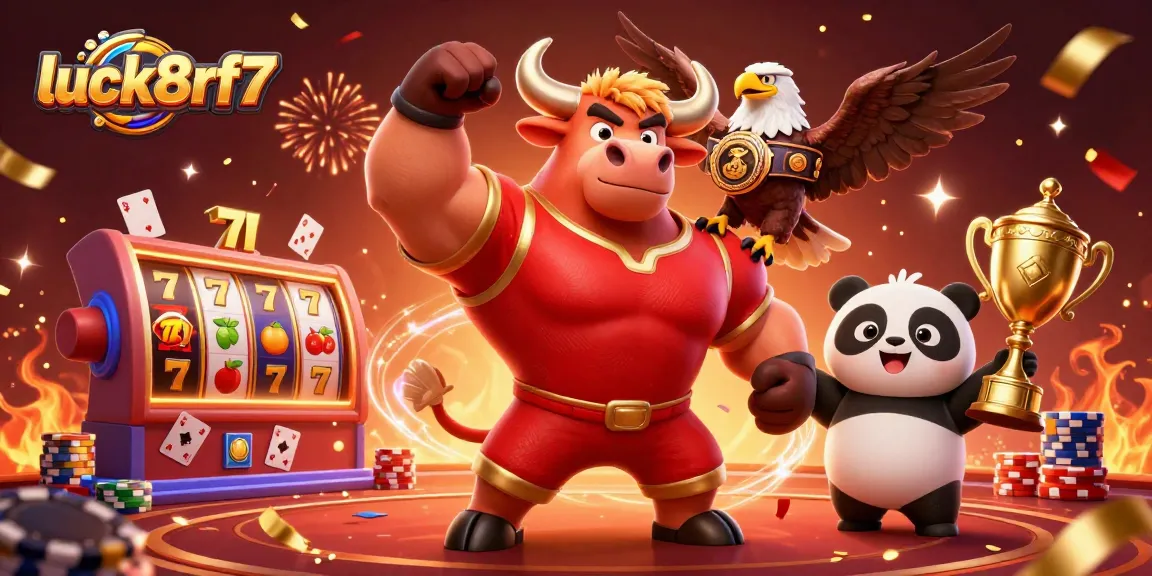 Engage with luck8rf7 at a lively casino, featuring key characters celebrating with slot reels and casino elements.