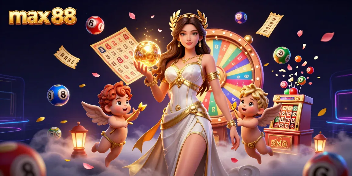 Engage with max 88 in an immersive online casino scene filled with vibrant lottery elements and dynamic characters.