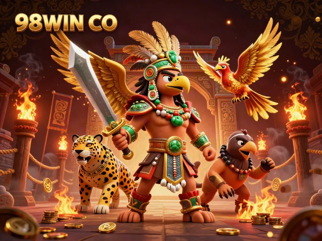 Engage in thrilling gameplay at 98WIN CO with Aztec warriors amidst golden gambling elements.