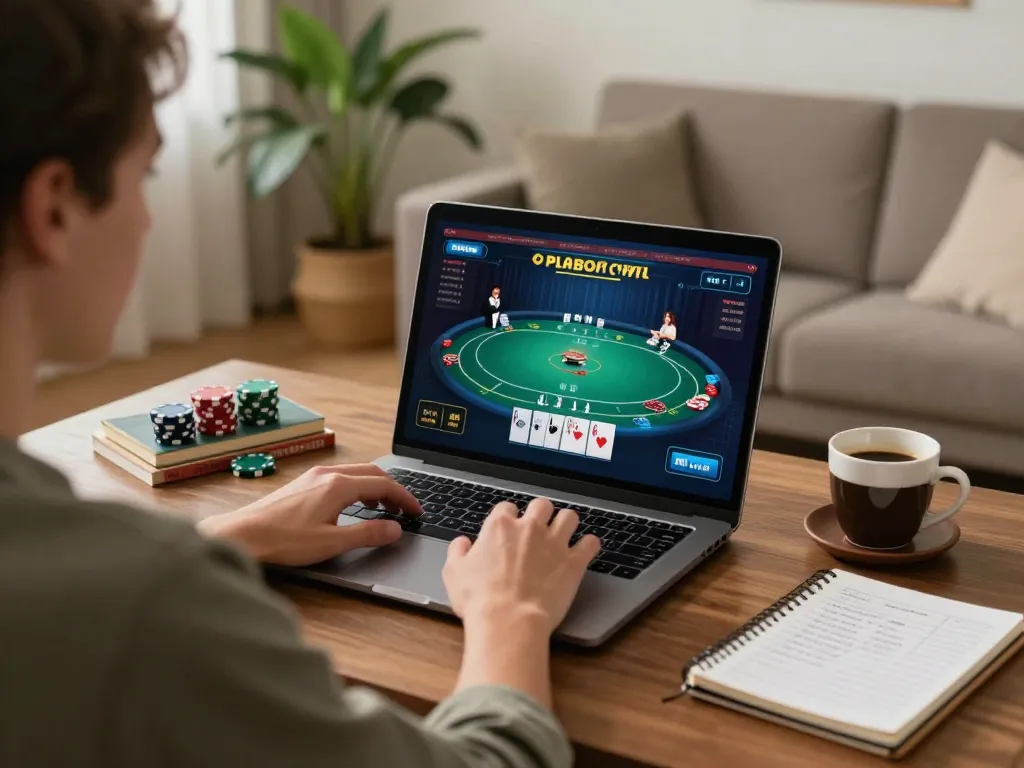 Player enjoying okwin68 online poker game at home, engaging in strategic gameplay.