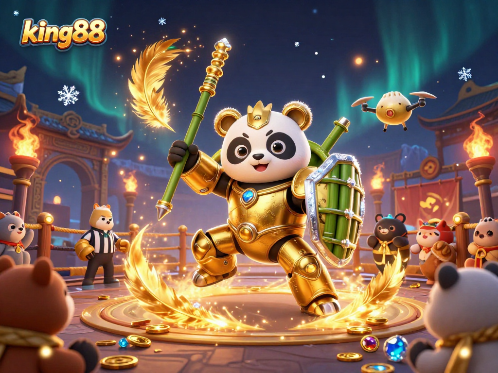 Experience jackpot bliss at king88 with a stunning 3D battle scene in a vibrant casino arena.