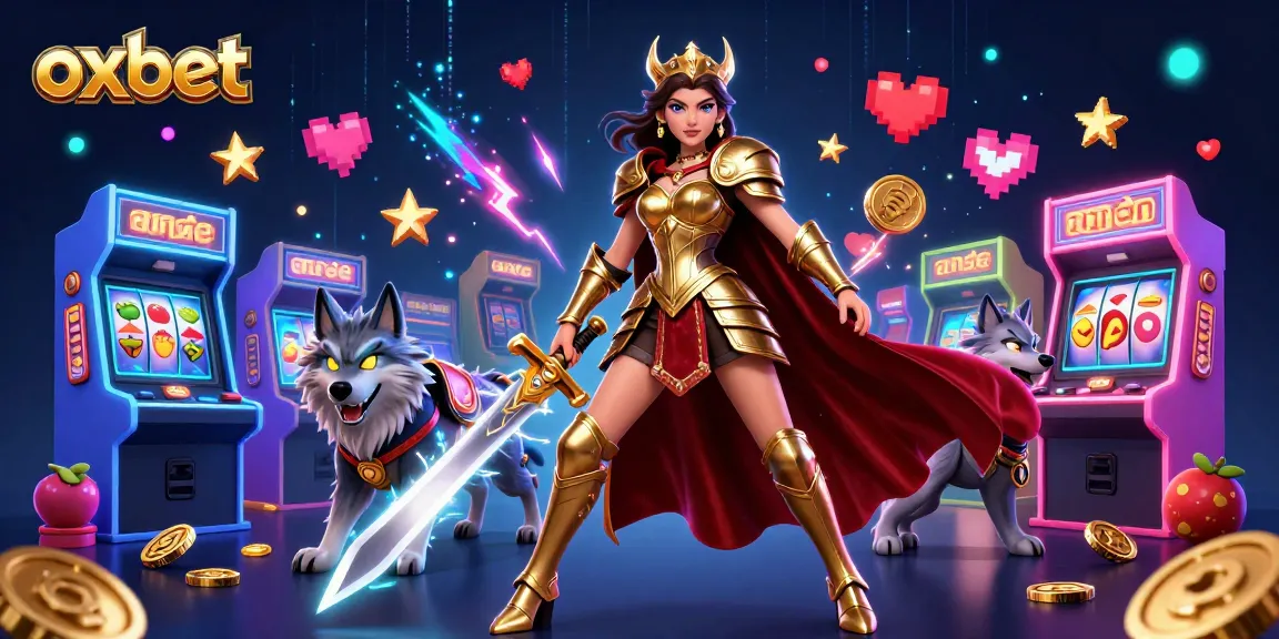 Experience thrilling gameplay at oxbet with a warrior queen and her armored wolf amidst vibrant casino elements.