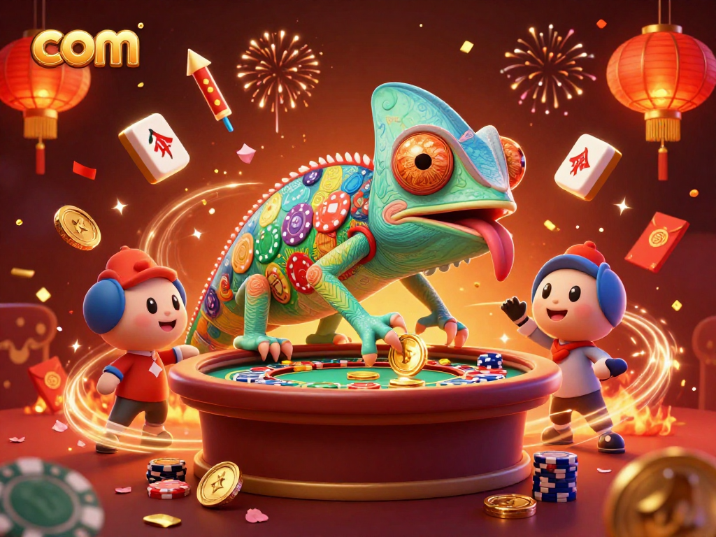Spin and win with com at a vibrant casino scene featuring a colorful chameleon and festive elements.