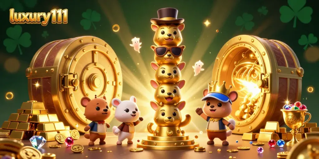 Engage with luxury111 in an ultra-detailed 3D illustration capturing casino excitement and treasure.