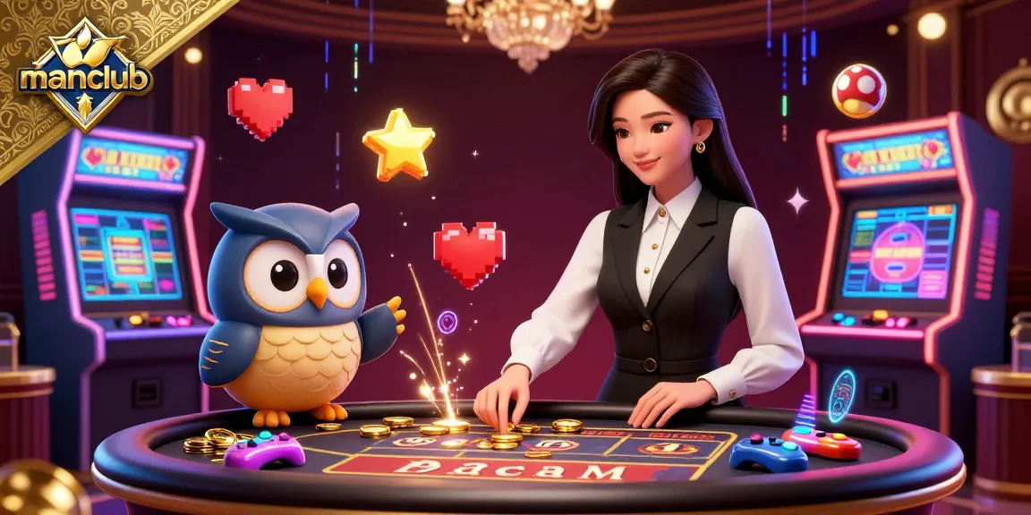 Experience gaming excitement at manclub with a vibrant scene of a baccarat table and fun arcade elements.