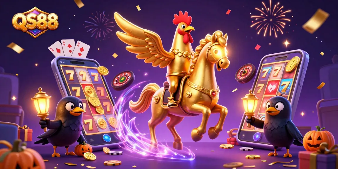 Experience QS88's vibrant casino with a golden rooster and spectral horse in action.