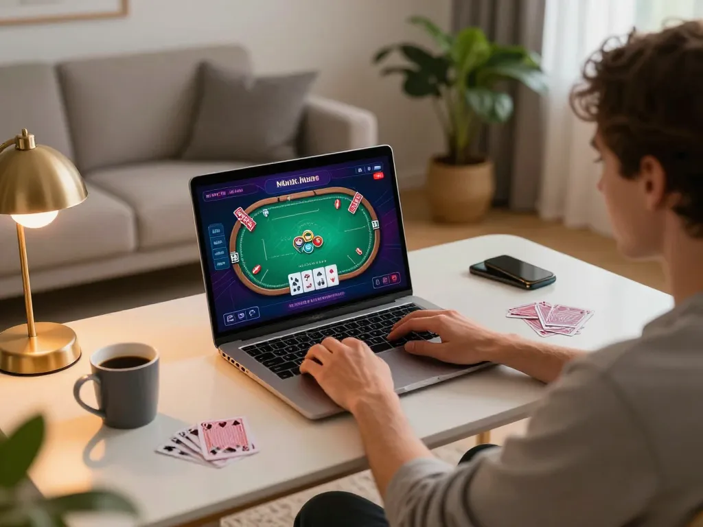 1gom online gaming setup showcasing poker strategy in a warm, inviting home environment.