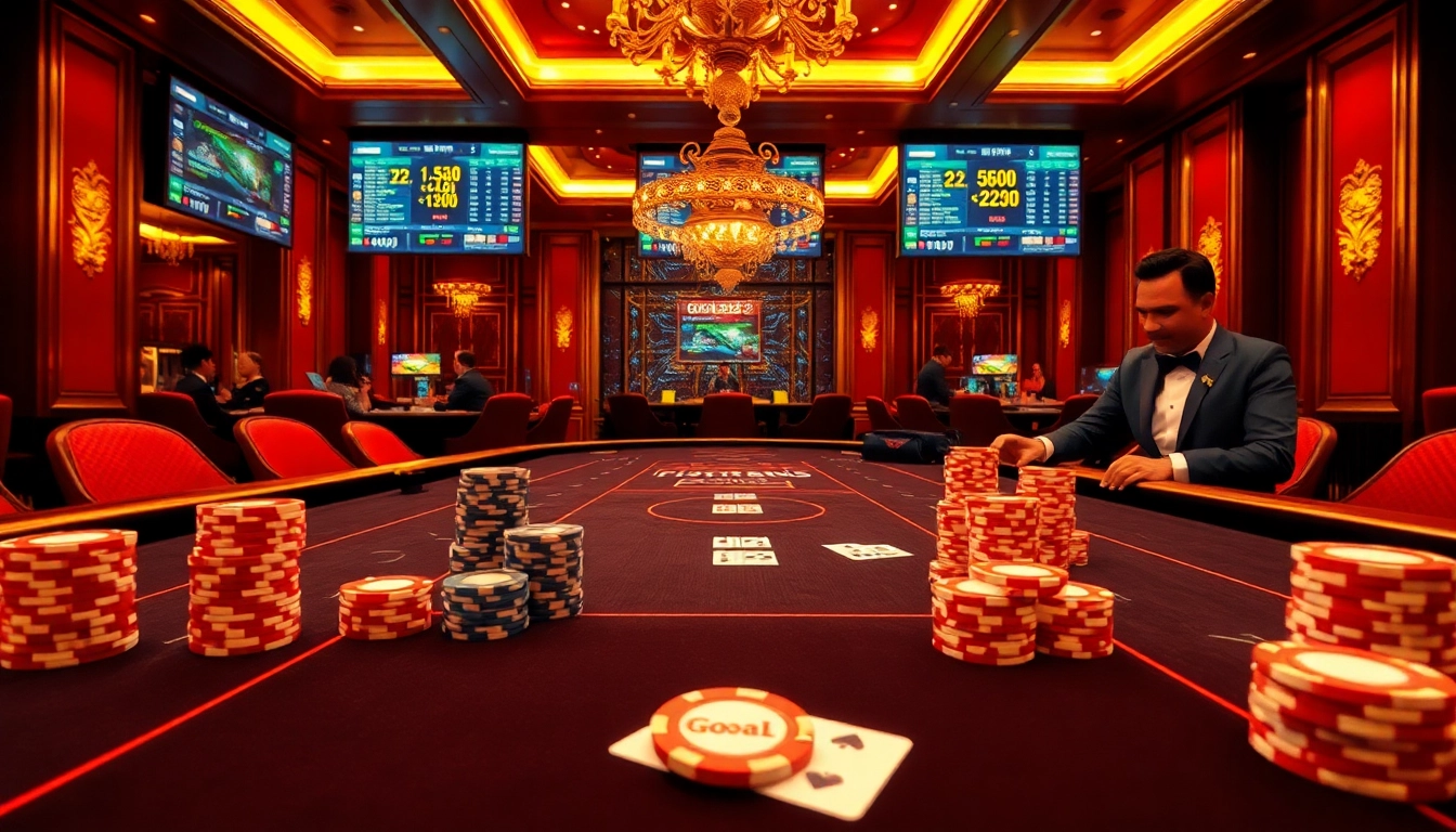 Goal123 players engage in thrilling poker action at a vibrant casino table, showcasing excitement and luxury.