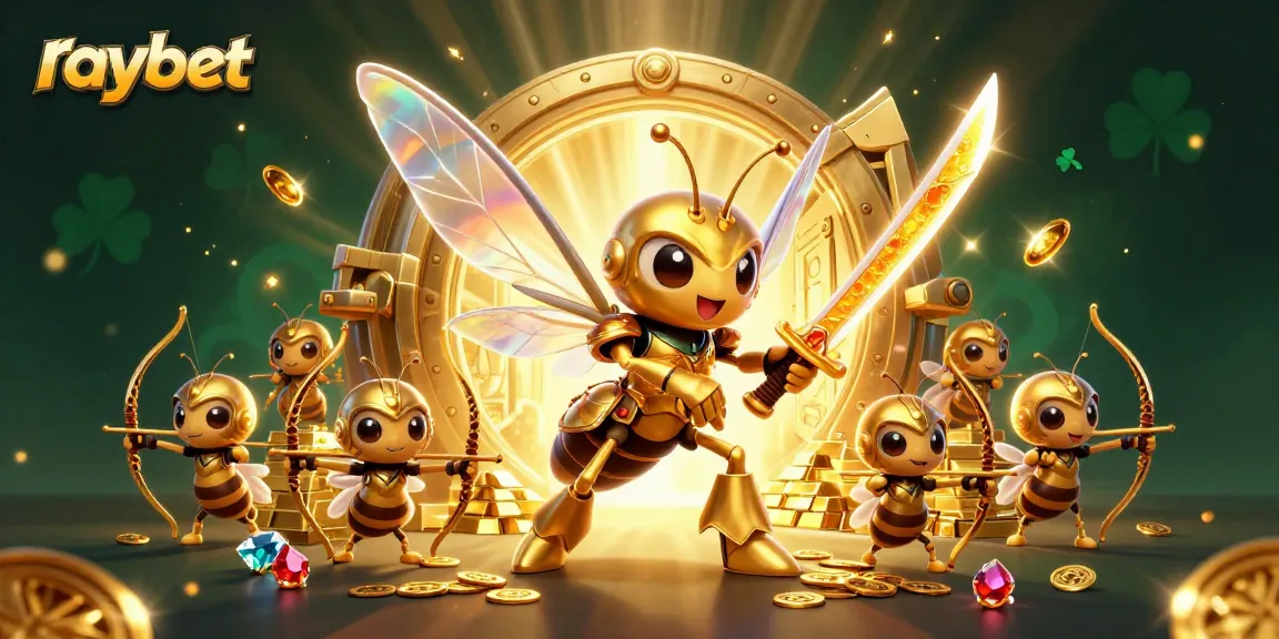Experience thrilling gameplay at raybet with a golden hornet samurai and bee archers in a vibrant casino scene.