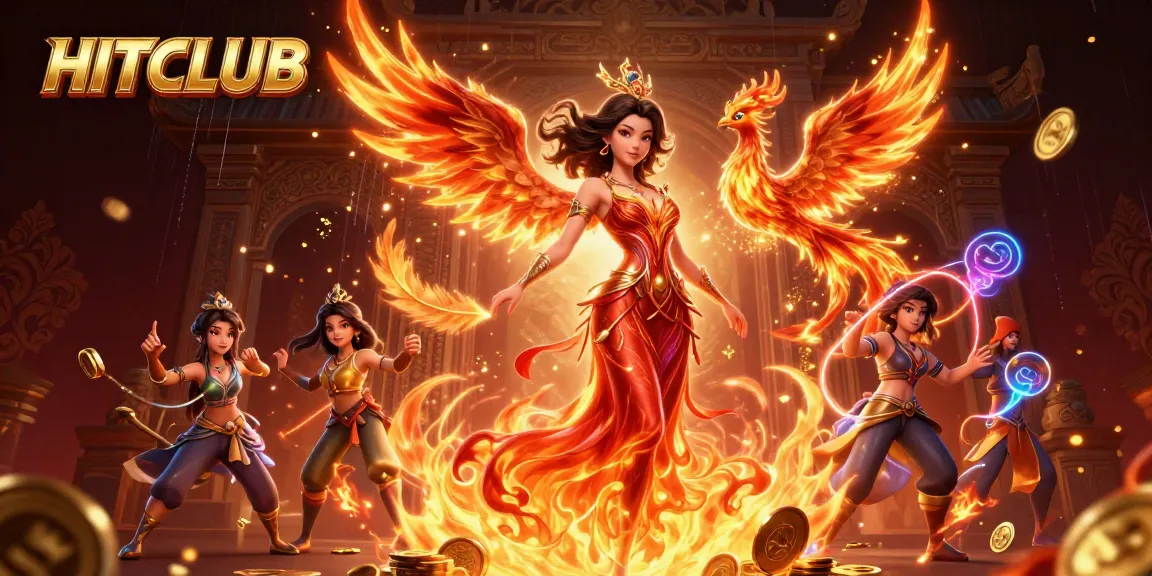 Experience the thrilling HITCLUB casino scene filled with vibrant energy, gold coins, and enchanting characters.