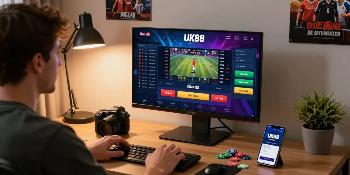 Engaging scene showcasing UK88's online gambling platform with player at desktop, smartphone app, and sports graphics.