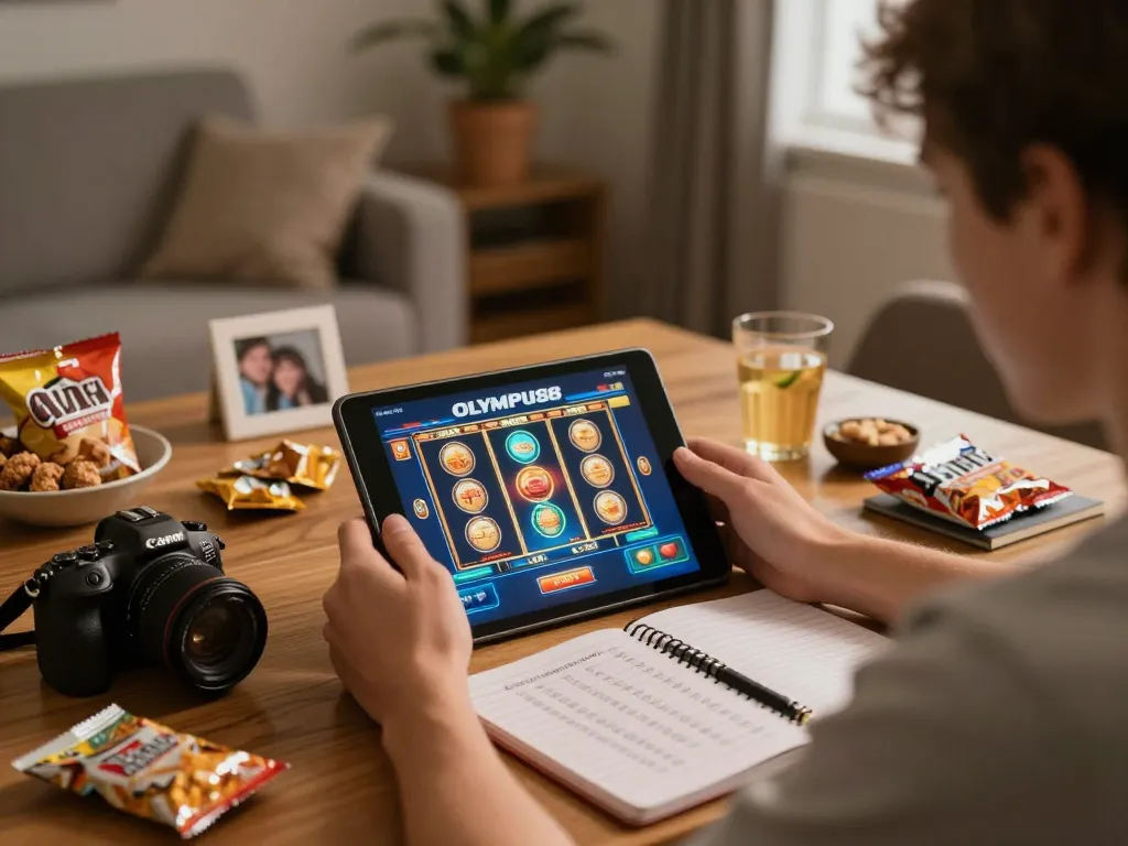 Player engaging with OLYMPUS88 slot games on tablet in a cozy home setup.