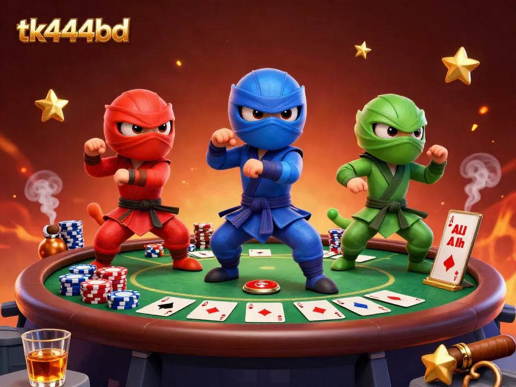 Engage in poker action with tk444bd's vibrant casino scene featuring ninja chameleons and colorful elements.