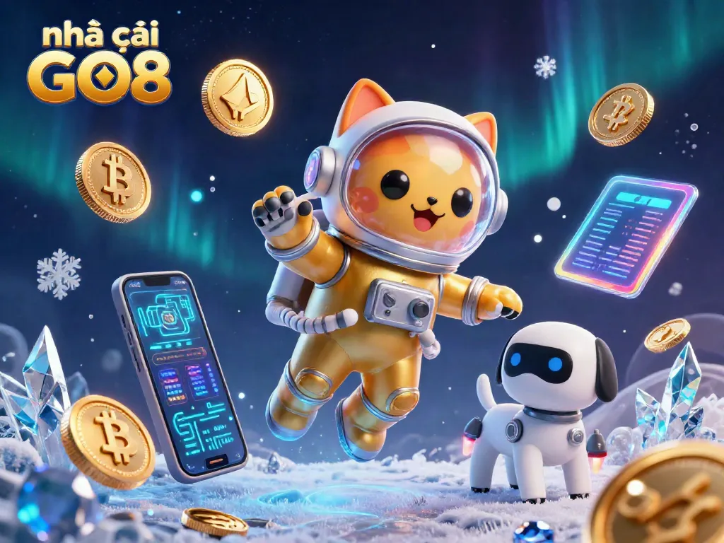 Engage in exciting gaming at nhà cái GO8 with vibrant space-themed 3D illustration packed with crypto elements.