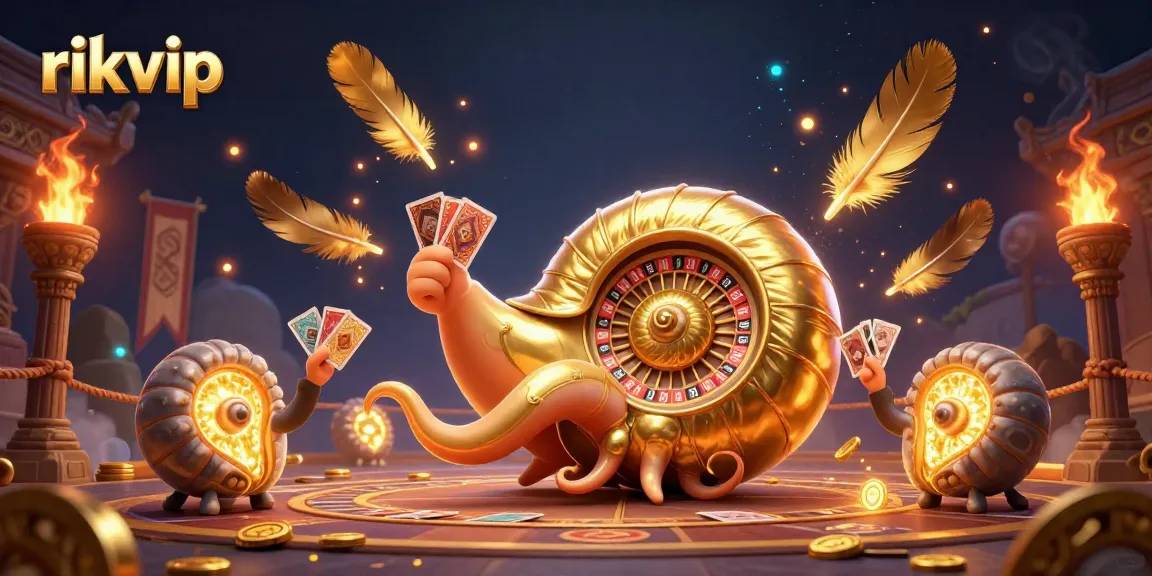 Engage with rikvip's thrilling casino atmosphere, featuring a giant nautilus and golden roulette wheel.